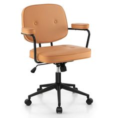 an office chair with wheels and leather upholstered on the back, viewed from the front