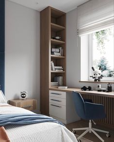 a bedroom with a bed, desk and bookshelf next to a large window