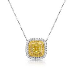 Beautiful pendant with an 0.82ct Fancy Yellow Cushion GIA in a halo of white and yellow diamonds 18kt Yellow and White Gold Yellow Diamond Halo Jewelry, Luxury Yellow Halo Jewelry, Yellow Diamond Necklace For Anniversary, Yellow Diamond Necklace With Brilliant Cut, Yellow Diamond Fine Jewelry Necklace, Yellow Diamond Necklace In Fine Jewelry Style, Fine Jewelry Yellow Diamond Necklace, Luxury Yellow Diamond Necklace With Accents, Luxury Yellow Necklace With Brilliant Cut