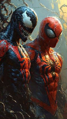 two spider - man standing next to each other in the woods