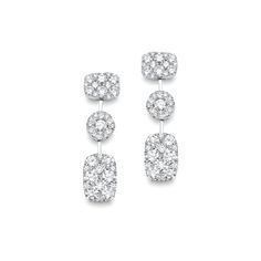 These gorgeous diamond cluster earrings feature three diamond clusters in round and cushion shapes. They are set in 18k gold and amount to 1.64 carats. Cushion Shapes, Band Necklace, Diamond Cluster Earrings, Types Of Diamonds, Sparkle Jewelry, Round Moissanite, Editing Service, Fine Jewelry Designers, Cluster Earrings