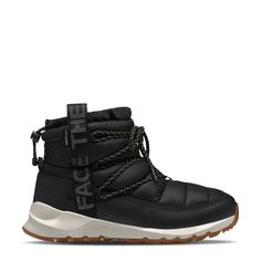 Brave those wet and snowy days with your feet snugly wrapped in these women's The North Face Thermoball TNF Black/Gardenia white winter boots. Made of water-repellent, recycled P. E. T. ripstop upper with a waterproof DryVent bootie construction, these cold weather booties have a round toe front and pull-on design with lace-up front panel for a snug fit and bungee collar with toggle to keep snow away. Features include non-PFC durable water-repellent finish to help keep feet dry, dual webbing pul Functional White Waterproof Boots, Functional Waterproof Winter Boots For Cold Weather, White Waterproof Boots For Winter Outdoor Activities, Functional White Outdoor Boots, White Insulated Boots For Outdoor Activities, White Boots For Winter Sports, Winter Waterproof Boots With Padded Ankle For Outdoor Activities, Winter Hiking Waterproof Boots With Padded Ankle, White Hiking Boots For Winter