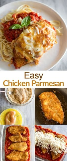 easy chicken parmesan collage with pasta, sauce and cheese on the side