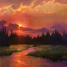 an oil painting of a sunset over a river with trees in the distance and clouds in the sky