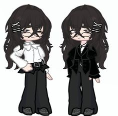 an anime character with long black hair and glasses, standing next to another character in white shirt and black pants