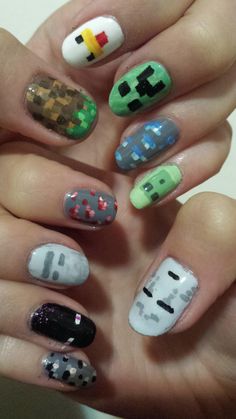 Minecraft nails! Via Reddit user @kajaclair Goth Nails, Grunge Nails, Pretty Gel Nails, Dream Nails, Fire Nails, Funky Nails