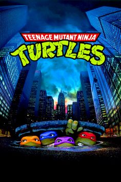 the teenage mutant ninja turtles movie poster is shown in front of a cityscape