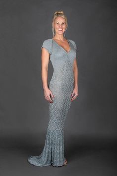 Handknit Silver Lace Evening Dress - Etsy Elegant Lace Crochet Dress With Open Knit, Party Crochet Dress With Lace Trim V-neck, Silver Knitted Dress, Lace Crochet V-neck Dress, Party Crochet Dress With Lace Trim, Midi Length, Silver Lace, Mermaid Silhouette, Wool Wash, Lace Evening Dresses