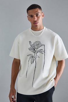 Oversized Floral Line Drawing Scuba T-shirt | boohooMAN USA Cropped Oversized Tshirt, Etsy Tshirt, Floral Line Drawing, Oversize Tshirt Outfits, Race Day Outfits, Gym Jacket, Going Out Trousers, Notes Style, Going Out Shirts