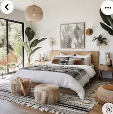 the bedroom is decorated in neutral tones and natural materials, including wicker chairs and rattan foot stools