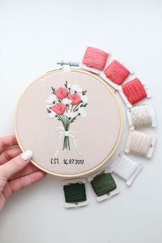 a hand holding a cross - stitch embroidery kit with flowers and thread on the table