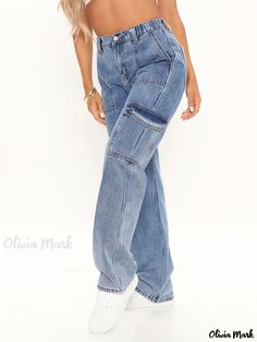 Olivia Mark - Womens Plus Size High Rise Straight Leg Cargo Jeans with Button Fly and Flap Pockets - Stylish and Comfortable Casual Denim High Waist Loose Jeans, Baggy Jeans For Women, Y2k Baggy Jeans, Costume Africain, Denim Cargo Pants, Moda Jeans, Jeans Cargo, Bodycon Floral Dress, Weave Style