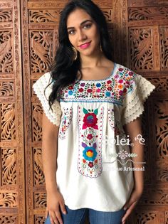 Formal Blouses, Hand Embroidered Blouse, Colorful Florals, Mexican Blouse, Mexican Outfit, Clothing And Textile, Mexican Style, Crochet Details, Beautiful Blouses