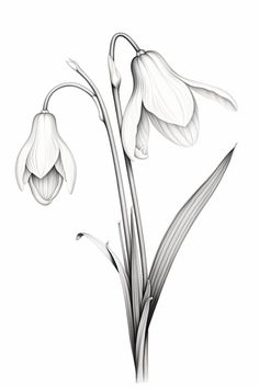 a drawing of two flowers with long stems in black and white, on a white background