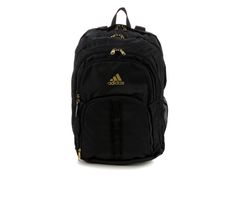 Synthetic upper,Adjustable padded shoulder straps,Approx. 18 1/2 inch H x 14 inch W x 4 1/2 inch D,Large zipper compartment with laptop pocket,Inside pocket for added storage,Multiple zipper compartments and pockets,Side mesh pockets,Padded back pannel for added comfort,Synthetic lining,Top loop handle,Handwash,adidas® branding details | Adidas Prime VI Backpack in Black Gold Adidas Backpack For Travel And Back To School, Adidas Travel Backpack For Back To School, Adidas Back To School Rectangular Bag, Adidas Backpack With Adjustable Strap, Adidas Backpack For Outdoor Activities, Adidas Rectangular Backpack For Daily Use, Adidas Outdoor Bags, Adidas Travel Standard Backpack, Adidas Rectangular Backpack For Everyday Use