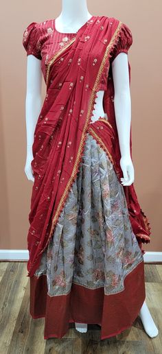 Attractive Banaras Digital Printed half saree set in Red and Grey. Blouse size : 32 Inches Lehenga length: 39 inches Grey And Red Lehenga, Red Pre-draped Saree With Sheer Dupatta For Puja, Red Pre-draped Saree With Sheer Dupatta In Dola Silk, Semi-stitched Red Palazzo Set For Puja, Red Semi-stitched Palazzo Set For Puja, Red Palazzo Set With Dupatta For Puja, Red Designer Pre-draped Saree For Navratri, Designer Red Pre-draped Floor-length Saree, Red Pre-draped Designer Saree For Diwali