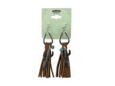 Teardrop silver earrings with hook back, with leather fringe and cactus dangle accent charm.     Lead and Nickel Compliant Trendy Adjustable Tassel Jewelry, Adjustable Fringe Tassel Dangle Earrings, Adjustable Tassel Drop Earrings, Teardrop Silver Earrings, Saddle Bags Horse, Western Spurs Straps, Horse Reining, Roping Saddles, Spurs Western