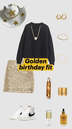 a woman's birthday outfit and accessories with the words golden birthday fit