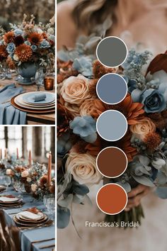 an image of a wedding table setting with blue and orange flowers