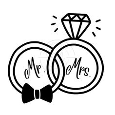 two wedding rings with the word mr and mrs on them, surrounded by a bow tie