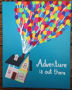 an image of a house with balloons coming out of it on a blue background that says, adventure is out there