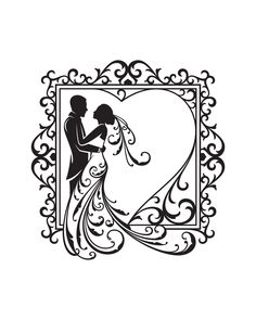 a silhouette of a bride and groom holding each other in front of a heart shaped frame