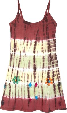 Adorable, innocent, and sweet, this mid-calf length dress is a lovely choice for those looking for something simple to wear but utterly cute.  With its adjustable shoulder straps and lightweight t-shirt cotton material, it will keep you cute and cool all summer. #tlb #Sleeveless #Applique #vacationclothing #beachwrap #TieDye #bohemianfashion #Handmade #Tiedyedress #hippiedress #beachtiedyedress #handmadetiedyedress Brown Sundress With Adjustable Straps, Brown Summer Dress With Adjustable Straps, Brown Spaghetti Strap Midi Dress For Summer, Brown Cotton Sundress For Summer, Multicolor Cotton Sundress With Spaghetti Straps, Summer Brown Cotton Midi Dress, Multicolor Cotton Dress With Spaghetti Straps, Brown Spring Strappy Dress, Brown Spaghetti Strap Dress For Spring