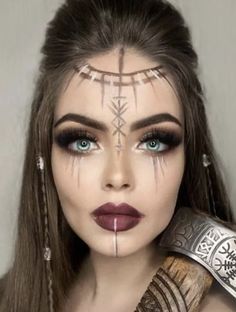 Barbarian Face Paint, Barbarian Woman Makeup, Woman Viking Makeup, Norse Witch Makeup, Viking Queen Makeup, Barbarian Makeup Female, Subtle Witch Makeup, Viking Women Makeup, Barbarian Makeup