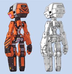 an orange and black robot standing next to each other