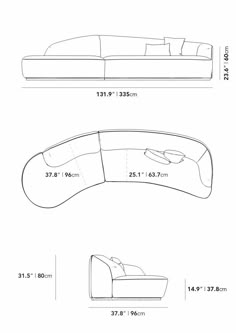 a drawing of a couch and foot rest with measurements for the back end, side and top