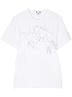 white jersey texture ruffled detailing twist detailing gathered detailing crew neck short sleeves straight hem Bohemian Wedding Guest, Versace Outfit, City Dress, 2024 Trends, White Jersey, Summer Beach Wear, Asymmetrical Design, Ski Wear, Comme Des Garcons