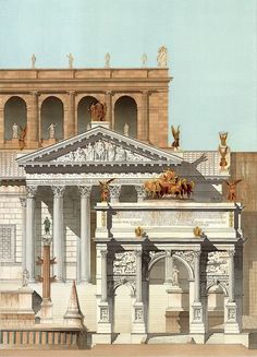 an architectural drawing of a building with statues on the roof and pillars in front of it