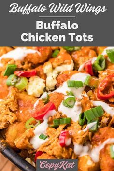 buffalo chicken tots in a skillet with ranch dressing