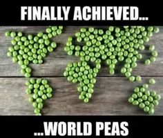 a world map made out of peas with the words,'finally achieved world peas '