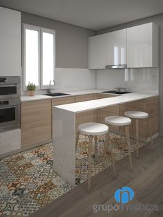 an artist's rendering of a kitchen with stools in the center and countertop