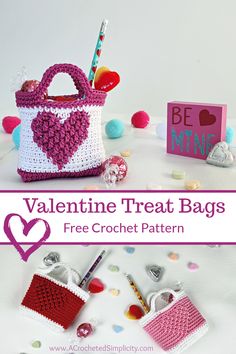 valentine treat bags crochet pattern with text overlay