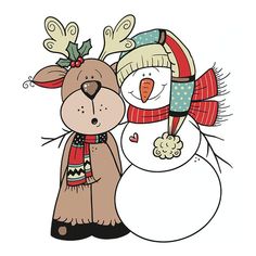 a snowman and a reindeer are standing next to each other