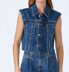 A great denim vest wear it open or close runs more on the cropped side Chic Button-up Denim Vest With Button Closure, Fitted Medium Wash Denim Vest Button-up, Button-up Cotton Denim Vest With Pockets, Fitted Denim Vest With Button-up Closure, Washed Blue Button-up Denim Vest With Pockets, Denim Vest, Running, How To Wear