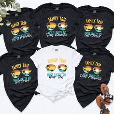 Most Likely to Family Trip Shirts, Funny Summer Shirt, Custom Matching Family Shirt, Girl Trip Tee Shirt, Vacation Shirt, Group Cruise Shirt. HI! Welcome to my store, I'm delighted to see you here. My store's main goal is to provide you with premium everyday apparel with the best graphic t-shirts. I see you as a friend, not just a customer. I'm sure you'll love my designs. You can order the same design 4XL and 5XL large sizes from the link, please specify the details in the order note.   https:/ Casual Black T-shirt For Family Vacation, Funny Print Black Tops For Vacation, Black Tops With Funny Print For Vacation, Black Top With Funny Print For Vacation, Summer Graphic Print Tops For Family Reunion, Cute Multicolor Vacation T-shirt, Family Matching Shirts For Summer Reunion, Fun Short Sleeve Tops For Family Reunion, Summer Family Matching Shirts For Reunion