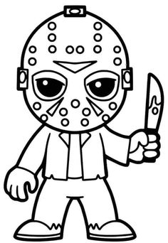 a drawing of a cartoon character holding a knife and wearing a mask with big eyes