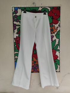 Retro Tailor-made Pants from 60's in excellent vintage condition + high waist + bell bottom + jersey waist 74 cm length 101 cm Retro Fitted Wide Leg Pants For Spring, Fitted Retro Wide Leg Pants For Spring, Spring Vintage Fitted Flares, Fitted Vintage Cotton Flares, Vintage Wide Leg Stretch Pants, Vintage Stretch Wide Leg Pants, 1970s Style Fitted Pants For Spring, Fitted 1970s Style Pants For Spring, Retro High Waist White Pants