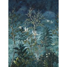 a painting of birds flying over trees and plants