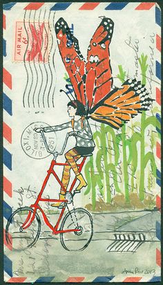 a drawing of a person riding a bike with a butterfly on it's back