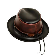 Rocky | Mens Leather Fedora Hat – American Hat Makers Classic Leather Fedora With Flat Brim, Fitted Leather Fedora Hat, Brown Western Top Hat For Formal Occasions, Brown Western Style Top Hat For Formal Occasions, Western Black Leather Top Hat, Brown Leather Brimmed Fedora, Classic Leather Fedora With Curved Brim, Black Leather Western Top Hat, Classic Brown Leather Hat Band