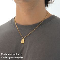 Complete your signature style with this silver or gold rectangle pendant, designed to add an effortlessly stylish touch to any outfit. It is ready to add to your favorite chain! 💎Free shipping on all orders💎Non-tarnish stainless steel💎Packaging that is ready to offer as a gift 📏Pendant size is 12mm x 17.5mm (plus the 6mm hook), and fits on chains with a maximum chain width of 5mm. For best results and look, we recommend going for a 3mm chain, a 4mm, or a thinner chain. Make sure that the clo Gold Chains For Men With Pendant, Letter Pendant Necklace Men, Necklace Men’s Gold, Men’s Gold Chain Pendent, Pendant For Men Gold, Mens Gold Necklace, Mens Pendant Necklace, Guy Jewelry, Mens Accessories Necklace