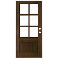 the front door is brown and there are two glass panels on the bottom half of the door