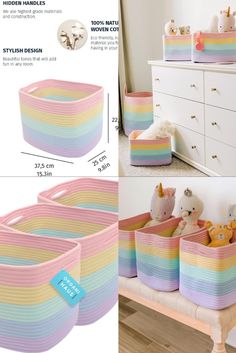 the instructions for how to make a crib bed with rainbow stripes and stuffed animals