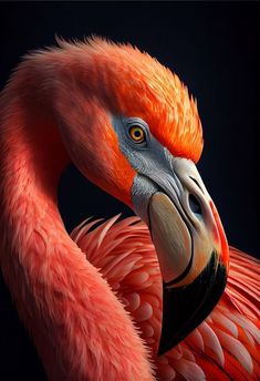 a flamingo is standing in the dark with its head turned