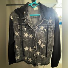 Black Denim Jacket Nwot. Cute And Fashionable With Removable Hood Black Hooded Spring Denim Jacket, Hooded Black Denim Jacket For Spring, Black Hooded Denim Jacket For Spring, Black Hooded Denim Jacket, Black Denim Jacket, Jean Jackets, Jean Coat, Black Denim, Jean Jacket