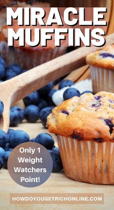 blueberry muffins on a wooden table with text overlay